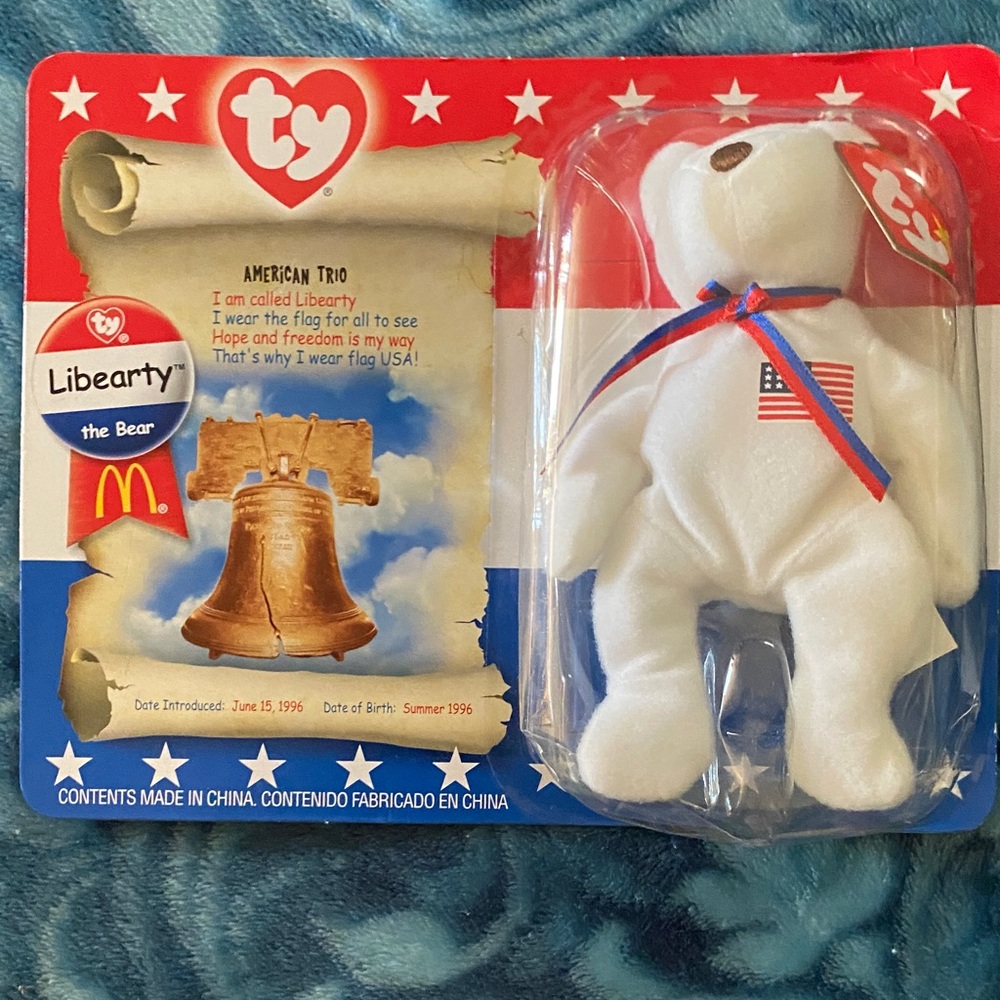 Ty White Libearty Bear with Red & Blue Ribbon and USA Patch